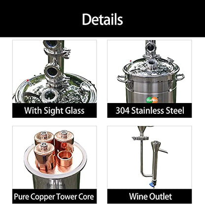 YUEWO 110V Electric 304 Stainless Steel Alcohol Distiller Flute Reflux Column Still with Sight Glasses Wine Making Kit for DIY Whisky Wine Brandy Gin - size: 65Liters/17Gal