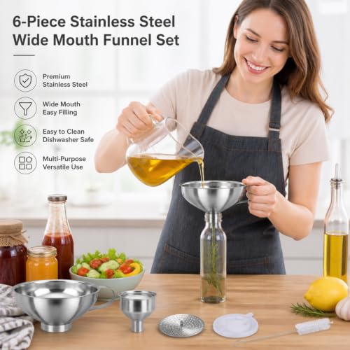 Stainless Steel Funnel Set, Wide Mouth Canning Funnel, Metal Kitchen Funnels for Jar Bottle Filling Canning Supplies