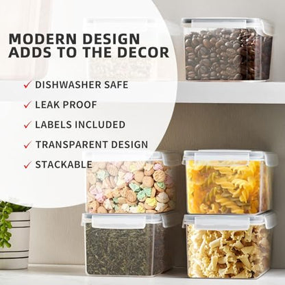 4pc 3.2L Large Airtight Plastic Canisters with Lids, Cups & Labels | Plastic Food Storage with Labels for Spaghetti, Cereal, Oats & Kitchen Pantry Organization, 4 Pack - size: 4 pcs(3.2L)