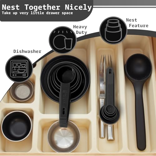 Inmorven 10pcs Measuring Cups and Spoons Set, BPA-Free Plastic Kitchen Baking Tools with Engraved Markings, Stackable Design for Dry & Liquid Ingredients (Black) - color: Black