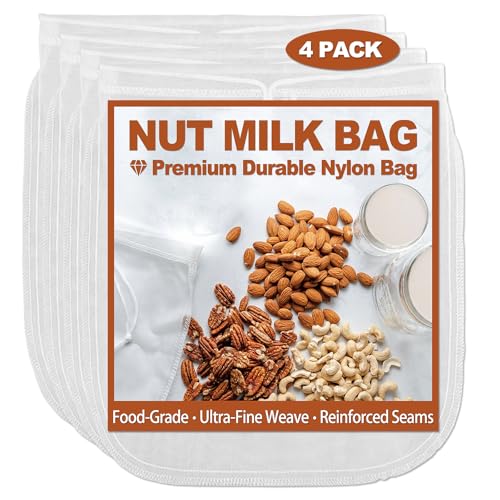 4 Pcs 12"x12" Nut Milk Bag, Strong Durable, Premium Ultra-Fine 200 Mesh Nylon CheeseCloth Bags for Straining, Reusable All Purpose Nut Bag Strainer for making Almond & Nut Milks, Cold Brew, Juicing - color: Premium Nylon - 4 Pcs