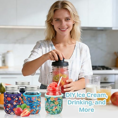 KJQJLY 4 Pcs Mason Jars Sleeves Neoprene 16 oz Regular and Wide Mouth Mason Jar Sleeves Holder with Handle (Flowers, 16 OZ) - color: Flowers, size: 16 OZ