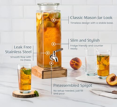 Kook Glass Drink Dispenser, with Leak-Proof Stainless Steel Spigot, Clear Rectangular Mason Jar, Beverage Storage for Fridge, for Water, Iced Tea, Sangria, Lemonade, 80 oz (2) - size: 80 oz set of 2