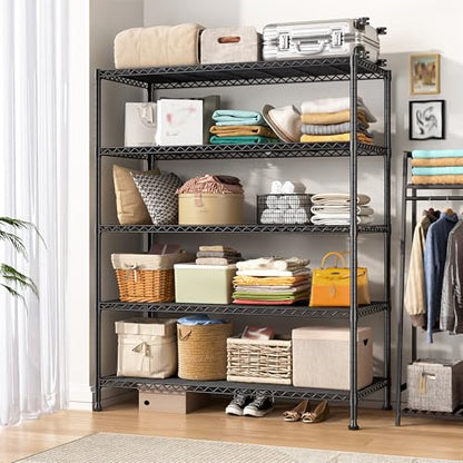 REIBII 45.8" W Storage Shelves, Heavy Duty 5-Tier Wire Shelving, Adjustable Metal Shelf for Pantry Kitchen Commercial, Tool-Free Assembly, 17.2" D x 45.8" W x 71" H, Black - size: 5 Tier, 45.8" W x 71" H x 17.2" D