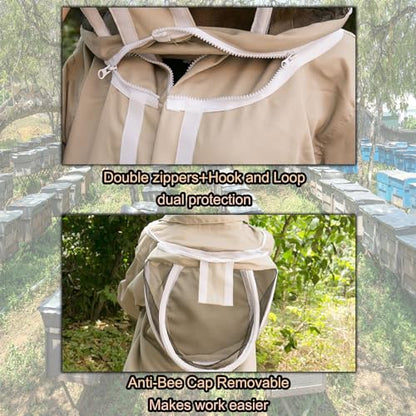Bee Suit Beekeeper Jacket Long Sleeve Hood Pull Over, White Beekeeping Suit, with Hat Veil, Smock Protective Suit