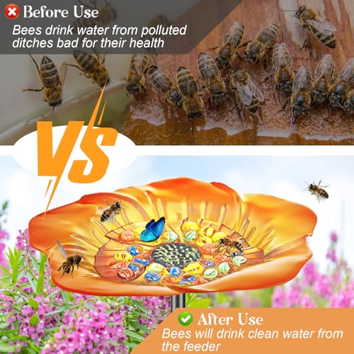Bee Butterfly Watering Station, 4 Prongs Base Stake Butterfly Bee Feeder for Garden with Glass Marbles, Bee Bath with Vivid Flower Design for Garden Yard Patio Decor (Orang Yellow) - style: Floral