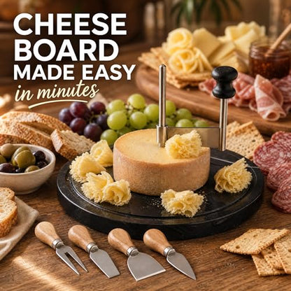 Marble Cheese Curler & Cheese Flower Cutter – Sharp Stainless Steel Blade with Dust Cover & Knife Set for Cheese Flowers, Wheels & Appetizers | Easy to Use & Clean | Gift for Entertaining - color: Marble Base - Black