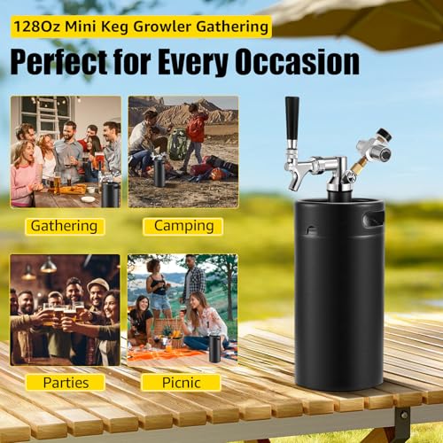 128oz Mini Keg Growler with Beer Tap Dispenser System, 3.6L Stainless Steel Draft Beer Dispenser for Home, Portable Kegerator for Craft Beer Cider and Kombucha