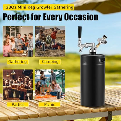128oz Mini Keg Growler with Beer Tap Dispenser System, 3.6L Stainless Steel Draft Beer Dispenser for Home, Portable Kegerator for Craft Beer Cider and Kombucha