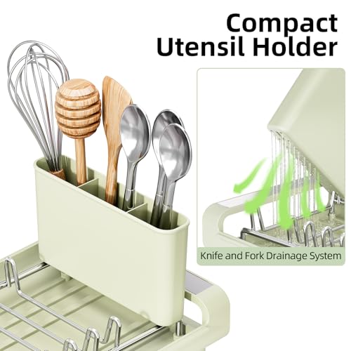 TOOLF Small Dish Drying Rack, Mini Expandable Compact Dish Rack, Slim Extendable Stainless Steel Dish Drainer for Kitchen Countertop, Space Saving Dish Strainer, Soft Celery Green - color: Soft Celery Green