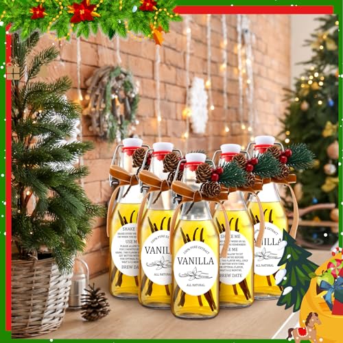 Sieral 9 Sets Vanilla Extract Bottles Clear Swing Top Glass Bottles for Gift Giving Homemade Vanilla Extract Jar Funnel Rope Labels for New Year Brewing Oil Beer Tea DIY Supply (Round Stickers,8 oz) - size: 8 oz, style: Round Stickers