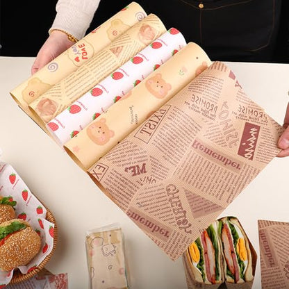 100 Sheets Wax Paper 15 x 11 Inch Greaseproof Sandwich Burger Chips Cuttable Baking Parchment Wraping Paper (Strawberry) - color: Strawberry