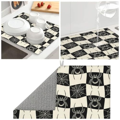 Spiders Spiderwebs Checkerboard Dish Drying Mats for Kitchen Counter, Super Absorbent Microfiber Drainer Pad, Washable Reversible Appliance Protector, Everyday Kitchen Must-Have, 16x18 Inch - color: Spiders Spiderwebs Checkerboard