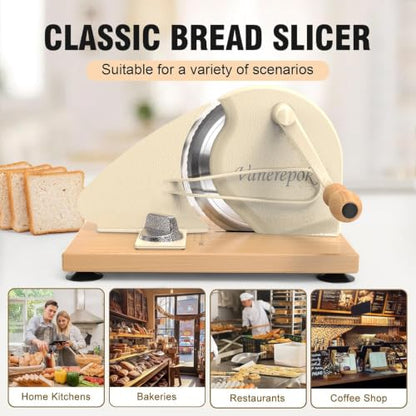 vanerepok Manual Bread Slicer Adjustable Thickness for Homemade Sourdough | Hand Crank Bread Cutter with Scale & Stable Suction Cups & Wood Base for Even Slicing Perfect Baking Gift for Home Bakers - color: Deep Cream