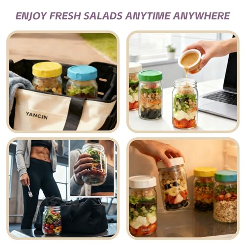 Glass Salad Jars 32oz 4-Pack with Dressing Cup | Leakproof, wet/dry separation, airtight mason jars, meal prep containers, portable lunch container, office travel