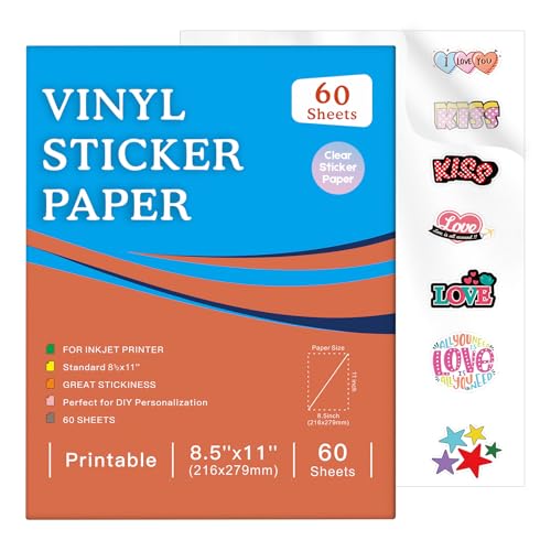 Aevdor 60 Sheets Premium Printable Clear Vinyl Sticker Paper for Inkjet Printer, 8.5x11" Transparently Vinyl Sticker Paper Waterproof, Dries Quickly, Vivid Colors, Great for Cutting Machines - size: 60 Sheets