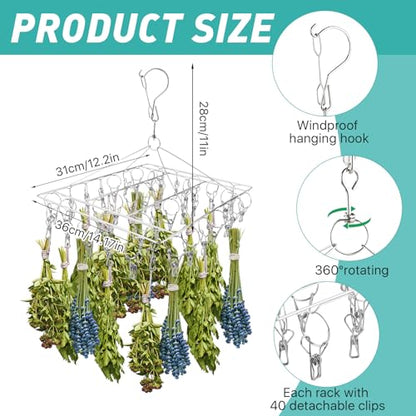 4-Pack Herb Drying Rack, Space Saving 40 Clips Stainless Steel Herb Drying Rack Hanging for Fresh Herbs, Flowers & Tea, Rustproof Over-the-Sink or Wall Mount for Garden, Kitchen & Craft Room