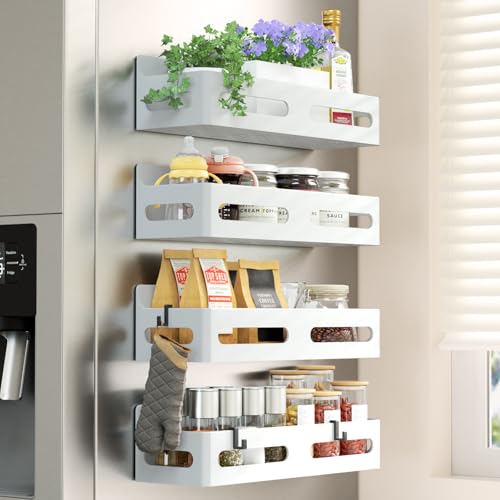 Sevenblue 4-Pack Magnetic Spice Rack for Refrigerator with Hooks, White | Strong multipurpose magnetic shelf for kitchen & bathroom organization. Includes 4 removable hooks for hanging items. - color: White, size: 4 Pack