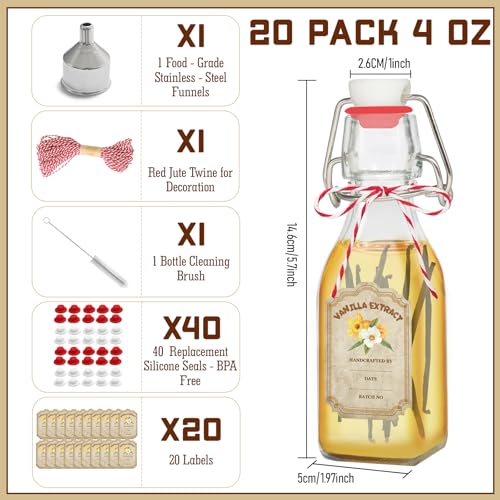 20 Pack Swing Top Glass Vanilla Extract Bottles 4 oz with Lids, Vanilla Labels & Funnel, Boston Square Bottles for Homemade Syrup, DIY Gifts, Flip Top Jars for Extract - color: 20PC 4oz Square Bottle