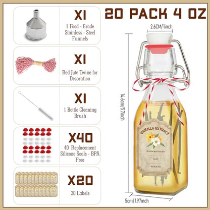 20 Pack Swing Top Glass Vanilla Extract Bottles 4 oz with Lids, Vanilla Labels & Funnel, Boston Square Bottles for Homemade Syrup, DIY Gifts, Flip Top Jars for Extract - color: 20PC 4oz Square Bottle