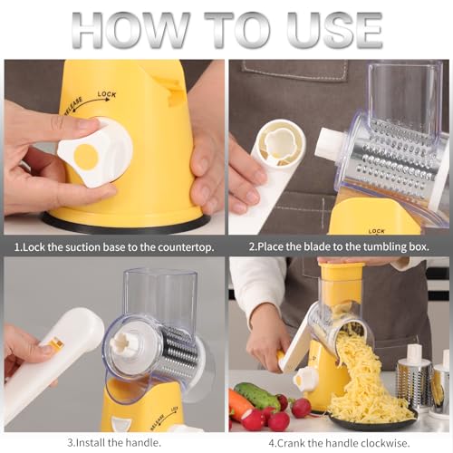 Cambom Rotary Cheese Grater Hand Crank Cheese Shredder for Fresh Cheese, Vegetable, Nuts,Non-slip Suction Base, Free Cleaning Brush Three Blades,Yellow - color: Yellow, size: 3 BLADES