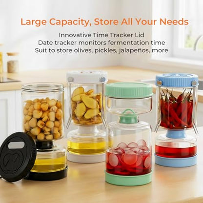 Pickle Jar with Strainer Flip, Pickle Container with Strainer with Two Forks, Airtight Glass Pickle Jar for Fermentation, Olive Jar with Date Tracker Lid, Jalapeno Container with Gas Port (Black) - color: Black