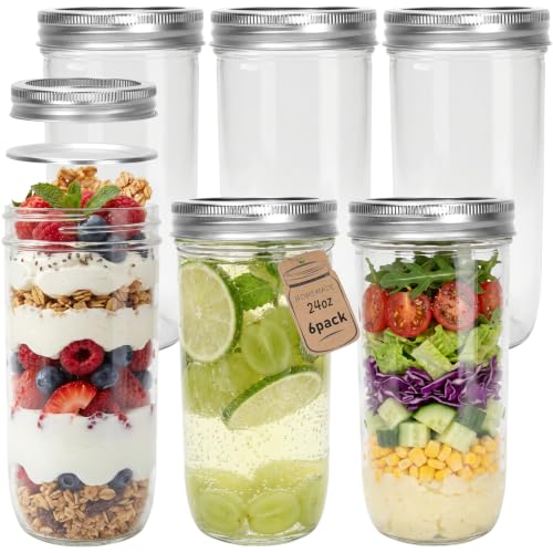 CycleMore 24oz 6 Pack Mason Glass Jars with AirTight Lids and Bands, Wide Mouth Canning Jars for Jelly, Jam, Honey, Wedding Favors, Spices and Herbs - size: 24oz - 6 Pack