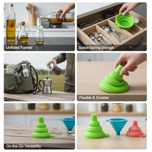 4 Pack Silicone Collapsible Kitchen Funnel for Water Beer Oil Filling Bottles ，Foldable Silicone Funnel Set – Collapsible Small & Large Funnels, Water Bottles & Liquid Transfer – Food Grade（Green） - color: green