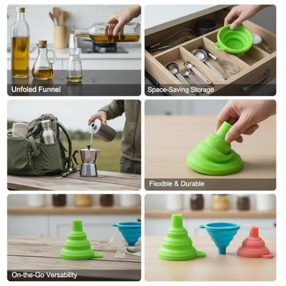 4 Pack Silicone Collapsible Kitchen Funnel for Water Beer Oil Filling Bottles ，Foldable Silicone Funnel Set – Collapsible Small & Large Funnels, Water Bottles & Liquid Transfer – Food Grade（Green） - color: green