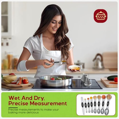Magnetic Measuring Spoons Set with Strong N45 Magnets, Heavy Duty Stainless Steel Metal, Fits in Most Kitchen Spice Jars for Baking & Cooking, BPA Free, Multicolor, Set of 8 with Leveler（Black) - color: Magnetic Measuring Spoons Set Black
