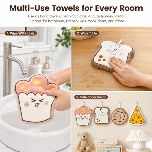4-Pack Baking Series Hanging Hand Towels, Bread/Cookie/Cheese/Cupcake, Coral Fleece Material with Towel Embroidery, Absorbent Quick-Dry, Universal for Kitchen & Baking Room, with Hanging Loop