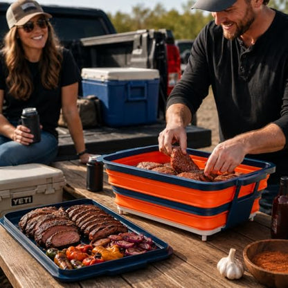 Collapsible BBQ Prep Tub with Convertible Cutting Board Design & Serving Lid – XL Brine Container & Meat Prep System for Brisket, Smoking, Grilling, Camping & Tailgating