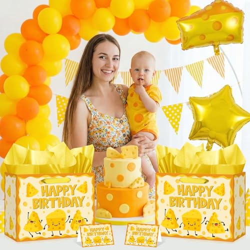 Woosytoo 재미있는 치즈 생일 선물 가방 만화 치즈 테마 생일 포장지 가방 인사말 카드 포함, 어린이 성인 마카로니 및 치즈 애호가 음식 피크닉 Bday 베이비 샤워 파티 - color: 치즈.