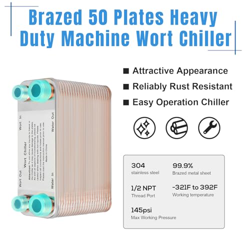 50 Plate Wort Chiller, Stainless Steel Brazed Plate Heat Exchanger, 1/2 NPT & 3/4 NPT Thread Plate Wort Chiller, Wort Cooler Beer Brewing Chiller For Homebrew-7.5" x 4.5"