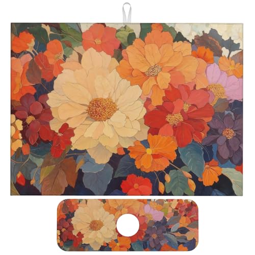 Colorful Floral Dish Drying Mat for Kitchen Counter, 18"x24" Microfiber Absorbent Fast Dry Mat, 2Pcs Dish Mat Faucet Mats Sets, Large Drying Kitchen Mat Kitchen Drying Pad Coffee Bar Decor Gifts - color: Colorful Floral, size: 18"X24"