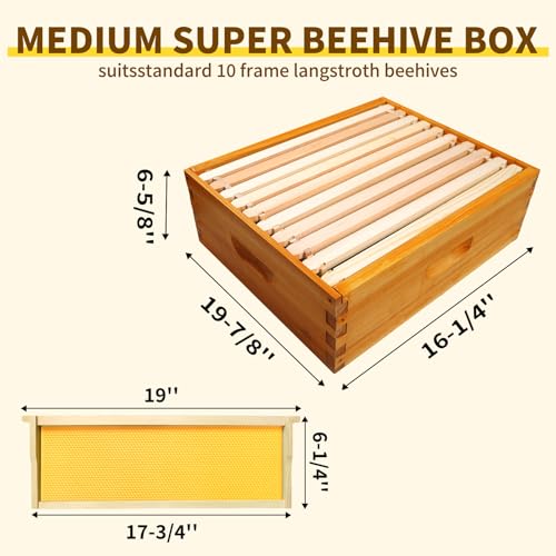 10 Frame Langstroth Medium Super Box Dipped in Beeswax, Bee Hive Box Sections of Wood for Beehives Include Beehive Frames and Wax Foundations(Yellow Unassembled) - size: Medium 10pack