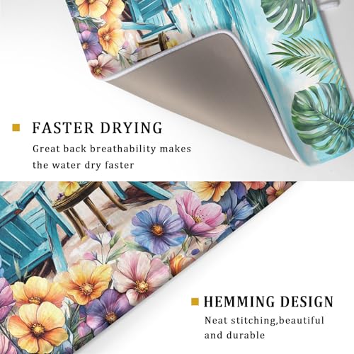 Spring Summer Sea Chair Dish Drying Mat for Kitchen Counter,Coastal Beach Palm Leaf Flowers Drying Mat 18 x 24 Inch with Absorbent Reversible Microfiber Drying Pad for Coffee Bar - size: 18" x 24"