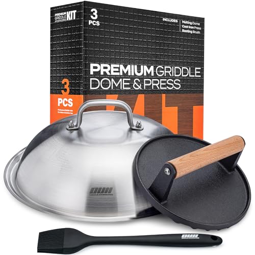 Flat Top Griddle Accessories Set for Blackstone and Camp Chef Griddle - Round Cast Iron Burger Bacon Press with 12 Inch Heavy Duty Round Basting Cover Melting Dome Lid & Basting Brush