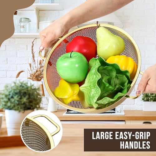Baderke 5 Pcs Gold Strainers and Colanders Set Including 4/5 Quart Stainless Steel Colanders with Handles and 3 Pcs Fine Mesh Strainers for Kitchen Draining Rinsing Pasta Vegetables Rice