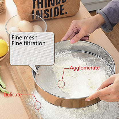 3 Pack Round Flour Sifter, Stainless Steel Fine Mesh Strainers Flour Sieve, 6 Inch and 8 Inch 40 Mesh 10 Inch 60 Mesh for Baking Straining Powdering Cake Bread Pies Pastries Muffin Cake