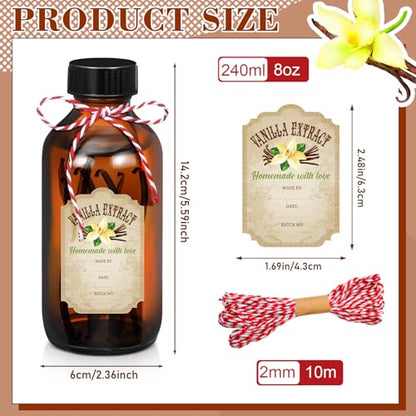 Uiifan 6 Pack Amber Glass Boston Round Bottles with Caps Brown Vanilla Extract Bottles and 6 Pcs Vanilla Extract Stickers for Syrup Gift Glass Food Storage Canister Set Sauce Beans(8 oz) - size: 8 Ounces