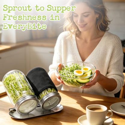 2Pack Sprouting Kit with Stainless Steel Screen Sprouting Lids, Glass Mason Jars, Light-Blocking Sleeves and Brush, Premium Reusable Sprouts Growing Kit for Organic Broccoli Alfalfa Seeds Bean Sprouts