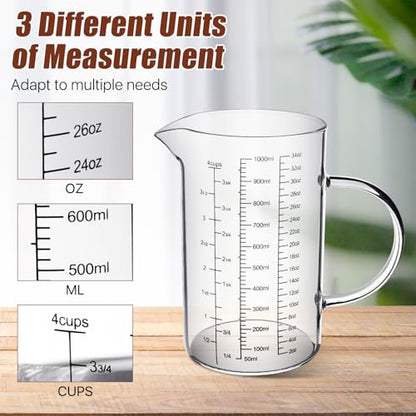 3 Pack Glass Measuring Cups,1-Cup,2-Cup,4-Cup Measuring Jugs with Handle &V Shaped Spout,3 Scales(Oz,Cup,Ml) High Borosilicate Glass Measuring Cup for Liquid Kitchen-Microwave Freezer Safe