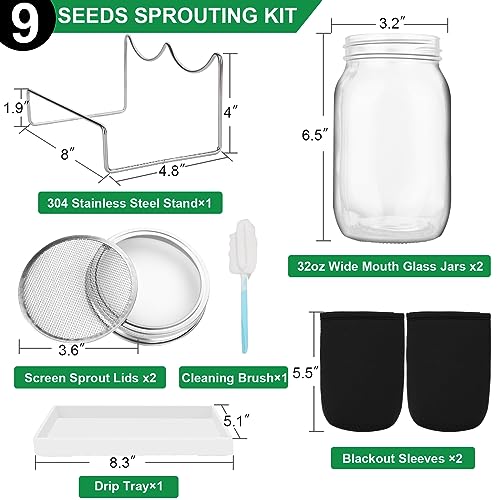 Sprouting Jar Kit, 32 OZ 2 Large Wide Mouth Mason Jars with Sprout Lids, Premium Canning Lids, Blackout Sleeves, Tray ,Stand & Canning Brush - Sprouting Kit for Growing Broccoli, Mung Bean, Alfalfa