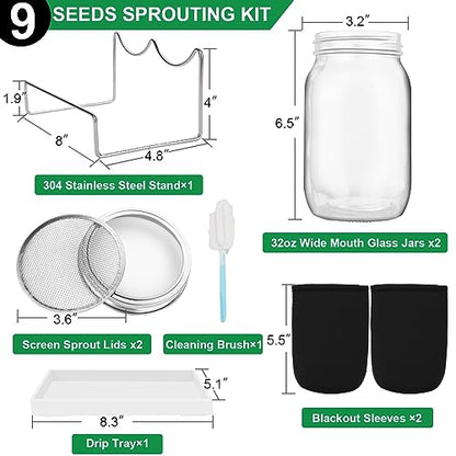Sprouting Jar Kit, 32 OZ 2 Large Wide Mouth Mason Jars with Sprout Lids, Premium Canning Lids, Blackout Sleeves, Tray ,Stand & Canning Brush - Sprouting Kit for Growing Broccoli, Mung Bean, Alfalfa