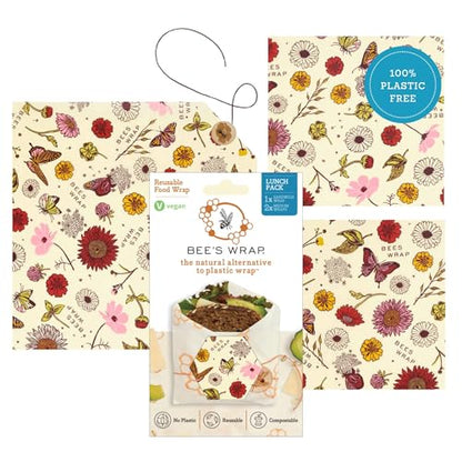 Bee's Wrap Vegan Beeswax Wraps for Food - 3 Pack of Assorted Beeswax Wraps - 2 Medium & Sandwich Wrap - Plastic Free Made in USA Reusable Natural Food Wrap - Meadow Magic - style: Lunch Pack Vegan Meadow Magic