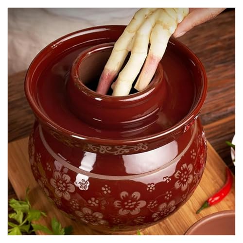 Red Traditional Chinese Porcelain Pickle Jar - Ceramic Fermentation Crock with Water Seal Airlock Lid for Kimchi and Sauerkraut