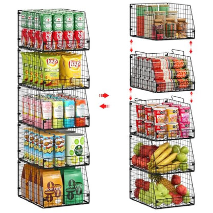 Jakyitvi 5 Pack XXL Stackable Wire Storage Basket, Extra Large Capacity Pantry Organizer and Storage, Muti-Purpose for Fruit Vegetable Basket & Toy Bin & Snack Organizer - size: 5 Pack