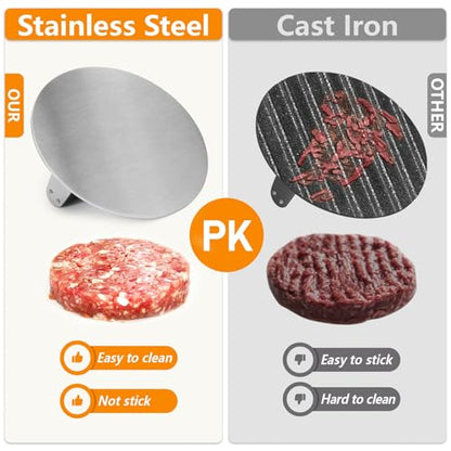 HULISEN 8.5-Inch Burger Press, 2.5 lbs Heavy Duty Bacon & Grill Press, Stainless Steel Smashed Burger Press, Round Smasher with Wood Handle, BBQ Griddle Accessories for Hamburger, Steak, Meat - size: 8.5 Inch Round