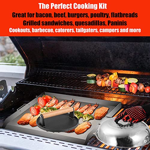 4 Piece Griddle Accessories Kit for Blackstone- 12'' Cheese Melting Dome Stainless Steel with 7'' Burger Bacon Press and 2 Pcs BBQ Heat Resistant Gloves for Flat Top Griddle Grill Indoor Outdoor